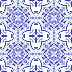 Vitrage gordijnen Mediterranean seamless pattern with blue tiles, white background. Abstract mosaic design. Portuguese, Italian, Spanish motifs. Floral ornament, print for home textile or ceramic. Vector illustration © Vodoleyka