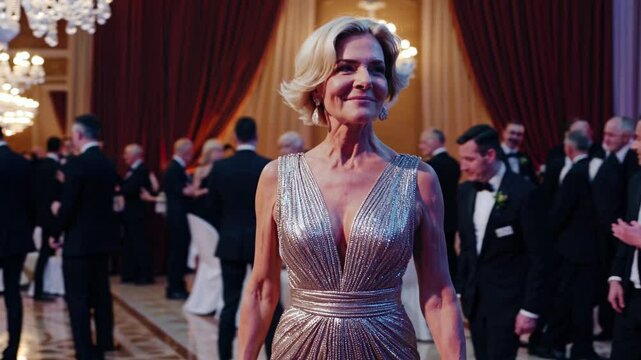 Professional businesswoman confidently walking into upscale gala dinner, receiving warm welcome from elegantly dressed attendees at prestigious corporate event