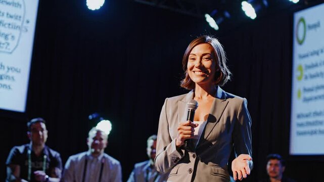 Confident businesswoman presenting innovative startup strategy to potential investors during professional pitch conference, highlighting entrepreneurial vision and leadership