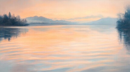 Fototapeta premium Serene expanse capturing dusk's delicate kiss on mountainous horizon