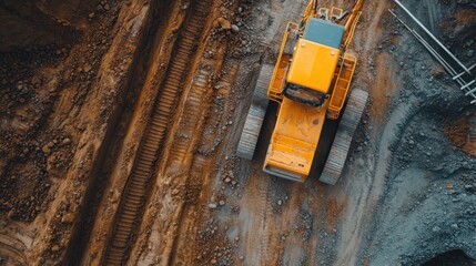 An aerial view of a large orange excavator on a construction site, surrounded by piles of dirt, showcasing the power and scale of heavy machinery in progress.