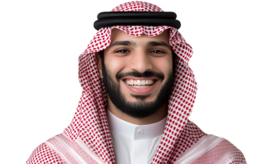 A photo of a smiling Saudi man wearing a white shirt and a red-checkered keffiyeh, against a transparent background.