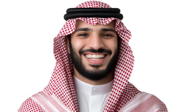 A photo of a smiling Saudi man wearing a white shirt and a red-checkered keffiyeh, against a transparent background.