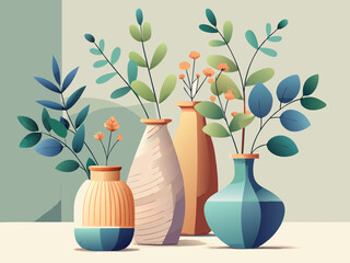 vector of Set of decorative minimalist vases with eucalyptus branches isolated on transparent background