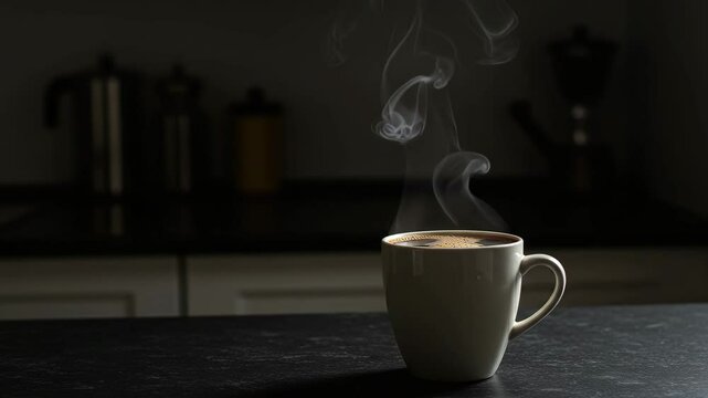 Steaming cup of coffee on dark kitchen counter  
