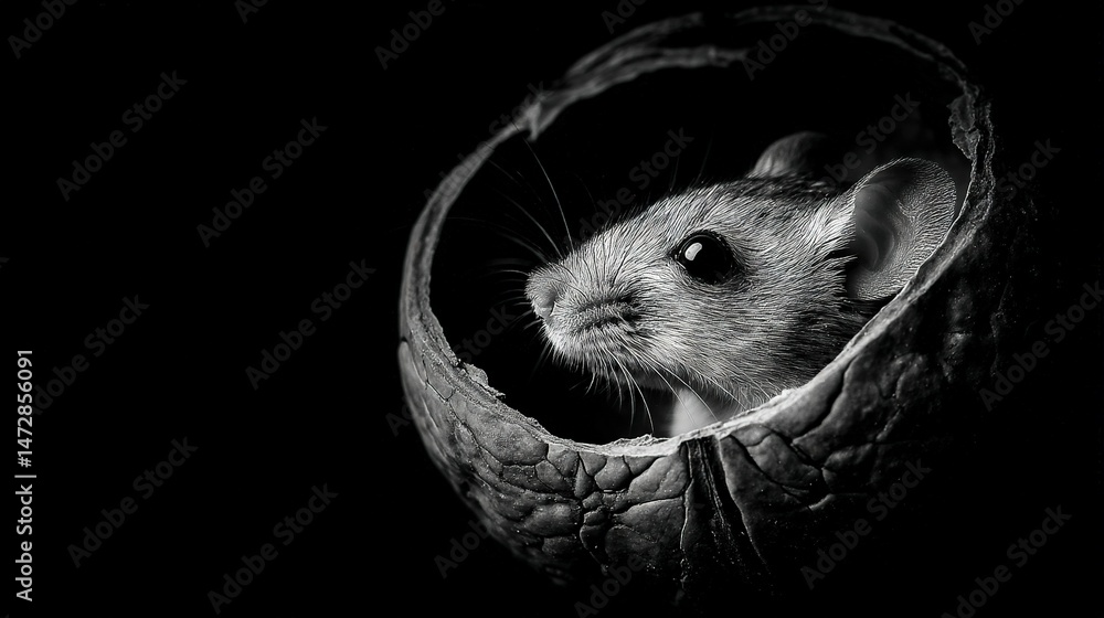 Poster a monochrome image of a mouse emerging from a circular opening on a grapefruit's side