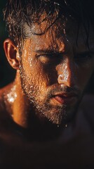 Close-up Portrait of a Sweaty Man with a Beard in Dramatic Lighting