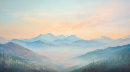 Fototapeta premium Serene mountain vista bathed in soft, pastel-hued dawn light