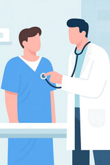 Fototapeta premium Illustration in flat vector style of doctor using stethoscope to check patient.