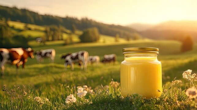 Ghee oil against the background of grazing cows. Selective focus.