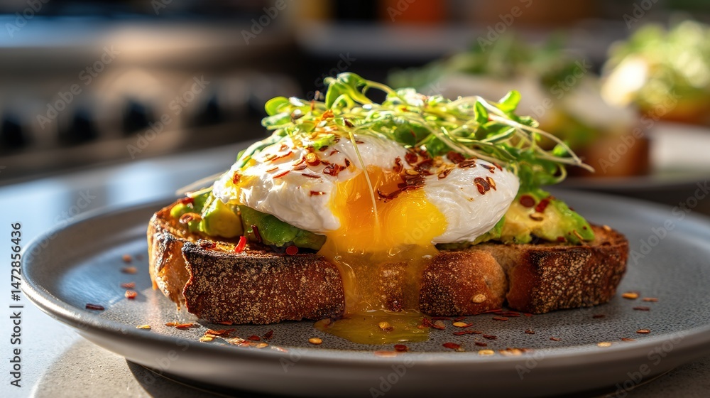 Poster a close-up of a plate with a poached egg and a slice of bread