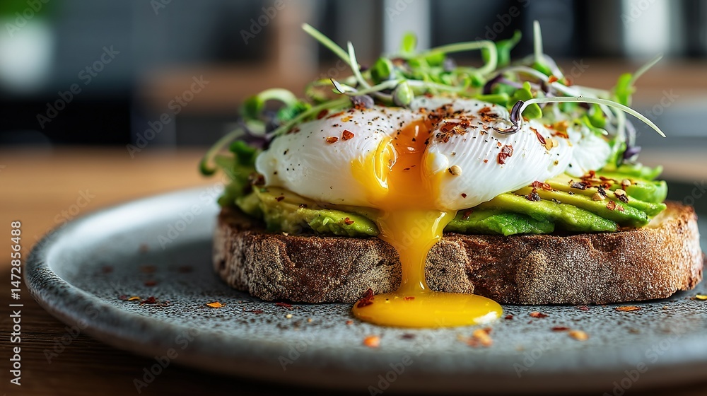 Poster a macro shot of a platter featuring an egg over an avocado with a subtle dressing