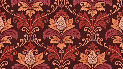 A rich, deep burgundy damask pattern.  Intricate, stylized floral and leaf motifs are repeated in a symmetrical pattern throughout the image.  The design features a blend of warm red-orange and muted 