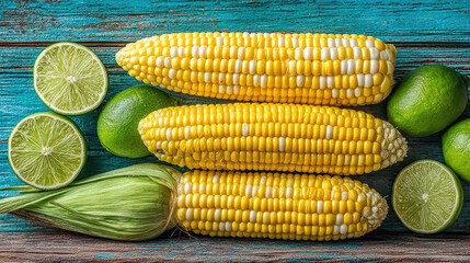 Fresh corn and lime on wooden board