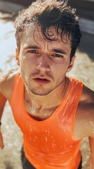 Determined Young Man Perspiring Heavily After Rigorous Workout Session