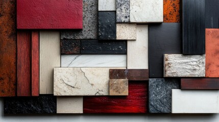 An artistic arrangement of various textured materials in different colors, showcasing a stunning blend of patterns and surfaces that create a modern abstract design.