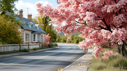 Charming street scene with pink blossoms
