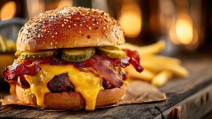   A cheeseburger with bacon, pickles, and cheese served on a bun and comes with french fries as a side dish