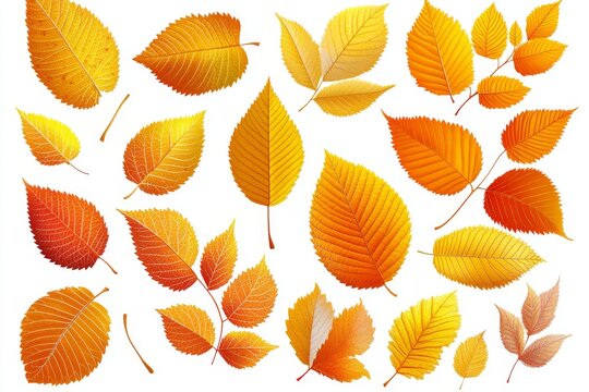Golden autumn leaves of varying shapes and colors have been compiled into a collection