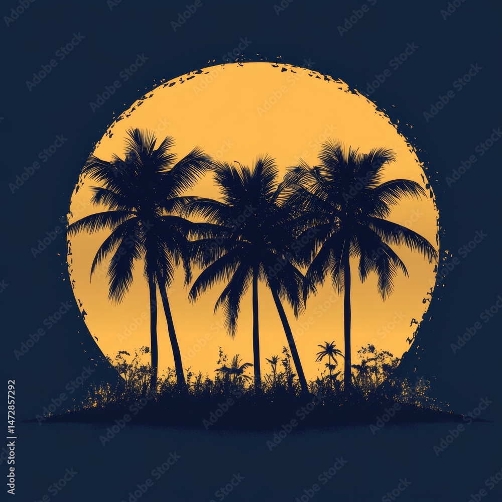 Poster palm trees are framed in silhouette within a circular shape, set against a sunset with bold stripes 