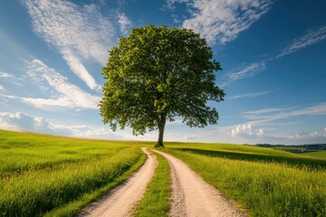 Sunny field path with lone tree