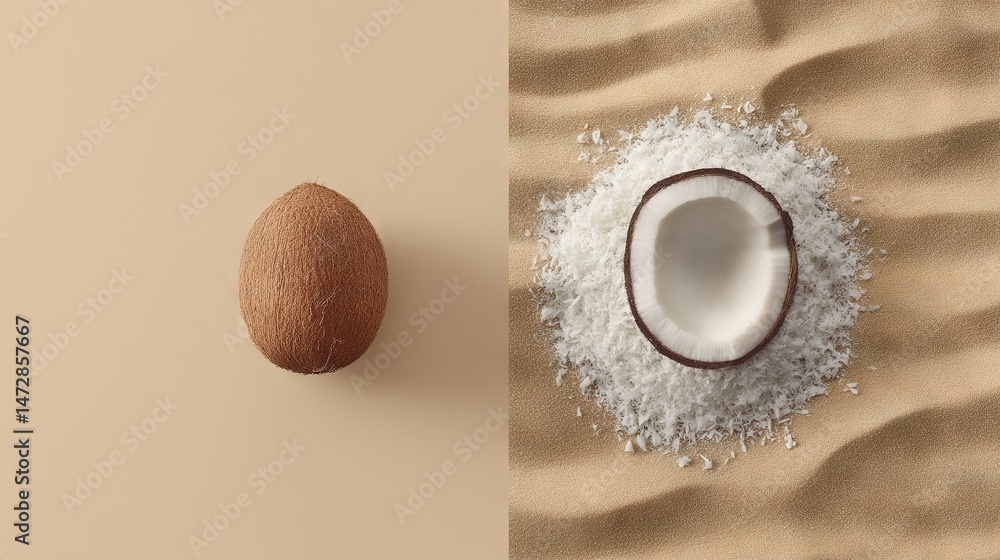 Poster a single coconut on a beige background with a coconut shell in the foreground
