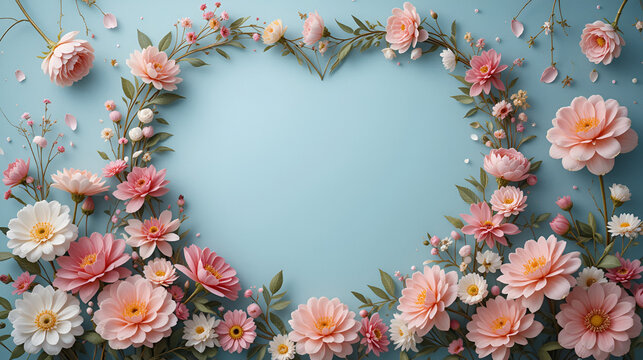 frame with flowers. empty mockup abstract festive background with flowers and a hearten shape frame happy Mother day. wedding day invitation empty text copy space.