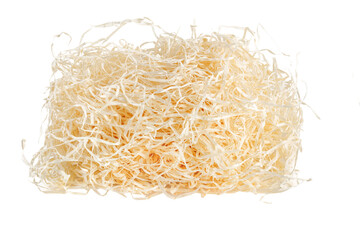 Wooden background. Close-up of wooden shavings for packaging isolated on white background.