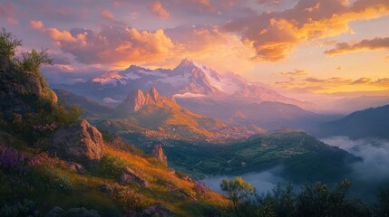 Fototapeta premium Majestic mountain range panorama during a vibrant sunset with rolling hills