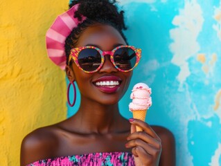 African Woman Holds an Ice Cream Cone in Front of a Colorful Wall