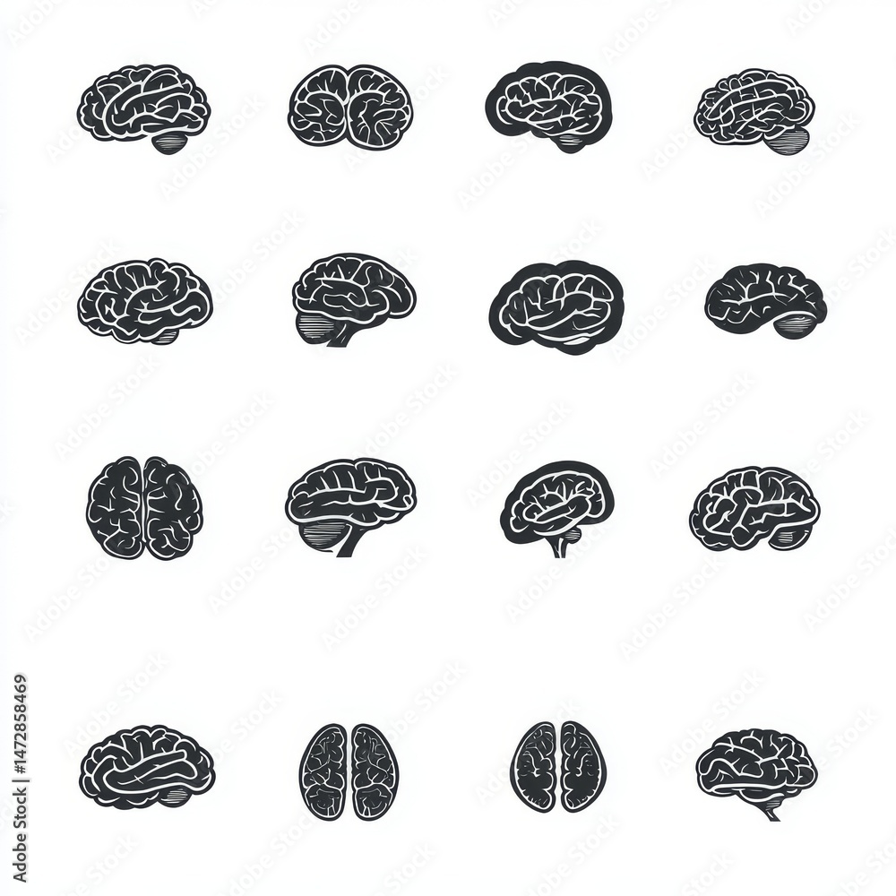 Poster in a grid layout, silhouetted profiles and illustrations of brains are presented, featuring an array