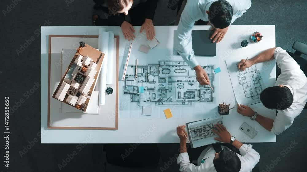 Poster top down aerial view of project manager using laptop to analysis building construction. aerial view 