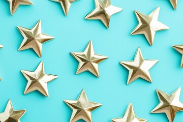 Obraz premium Gold stars arranged in a repeating pattern on blue background. Shiny metallic texture creates bright, festive decor concept for celebration themes.
