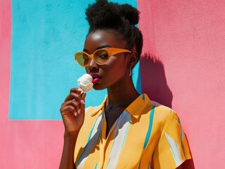 African woman eating frozen treat on vibrant pink and turquoise painted wall background