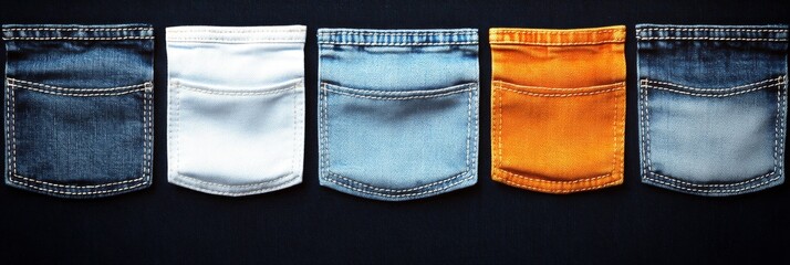 Row of five denim jean pockets in various colors including dark blue, white, light blue, orange, and medium blue on a dark fabric background