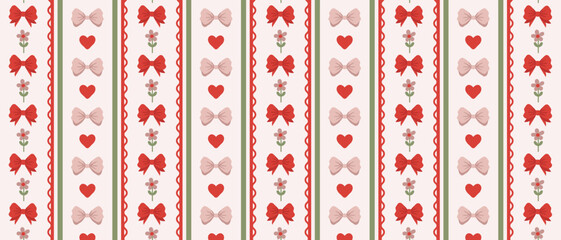 Striped pattern with bows and hearts. Vintage seamless pattern for printing on wallpaper, paper, gift wrap, fabric.