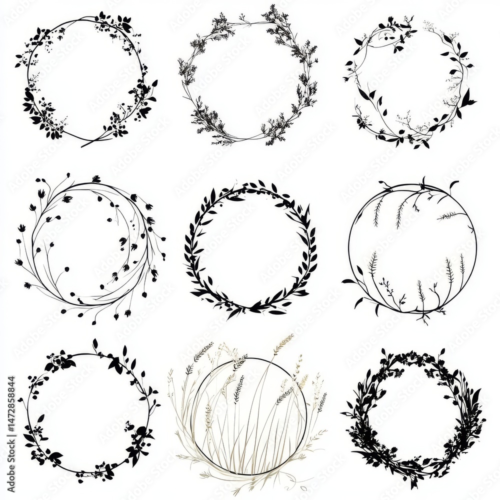 Poster twenty-four decorative frames, each with its own unique floral and botanical design, are arranged in
