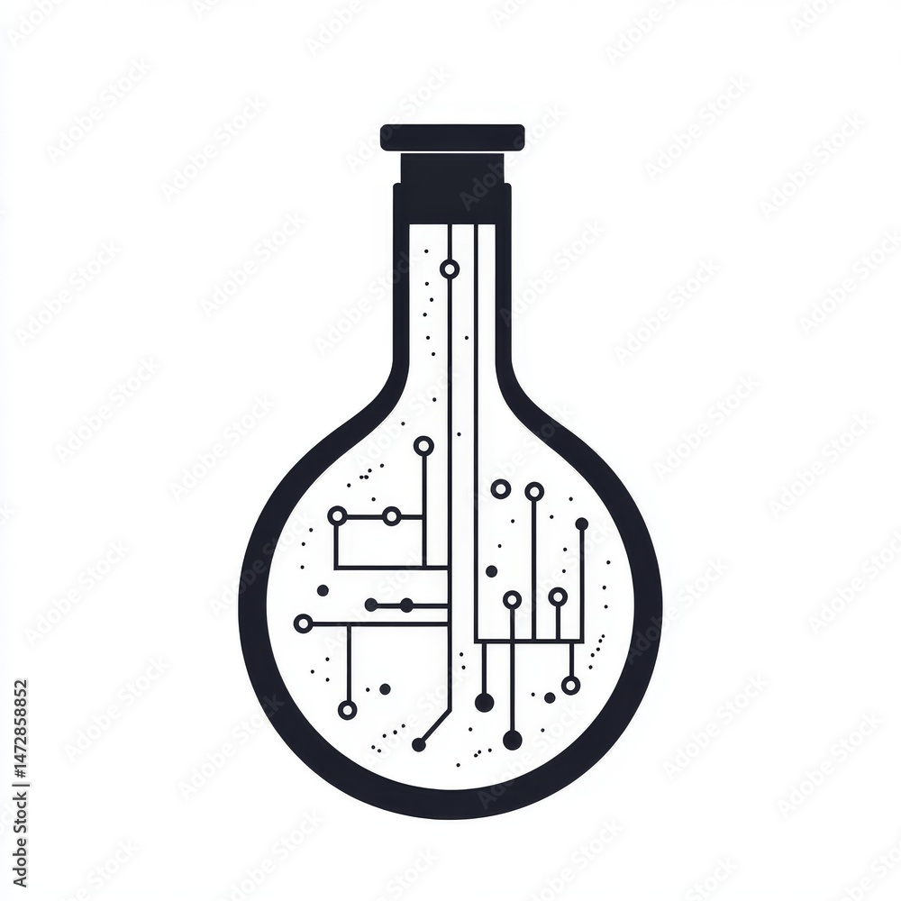 Aufkleber a dark illustration features a laboratory flask combined with detailed circuit patterns, resulting i