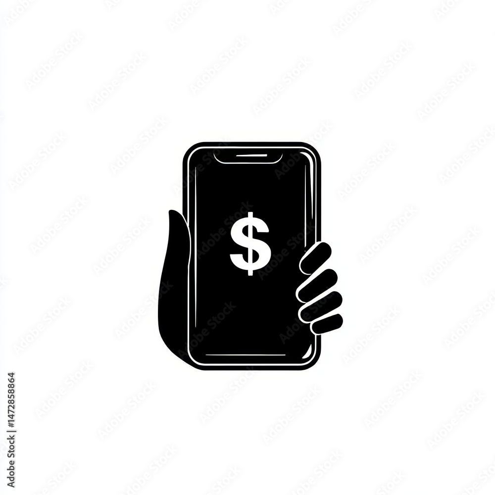 Poster the image of a black icon shows two hands using a smartphone with a dollar symbol on the screen