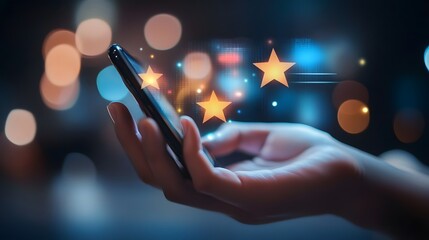 Gleaming App Review: A hand gently cradles a smartphone, the digital stars levitating with a radiant glow, representing the user's positive experience in the modern digital age.