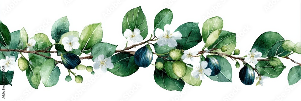 Aufkleber decorative watercolor border featuring figs and branches with delicate foliage and blossoms, ideal f
