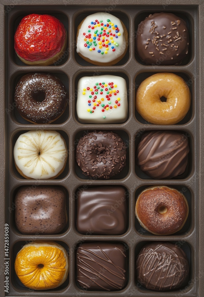 Poster five donuts, each adorned with chocolate or vanilla icing and a selection of colorful sprinkles, are
