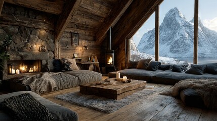   A cozy living room adorned with furniture surrounds a fireplace in the center of the room, framed by majestic mountain views