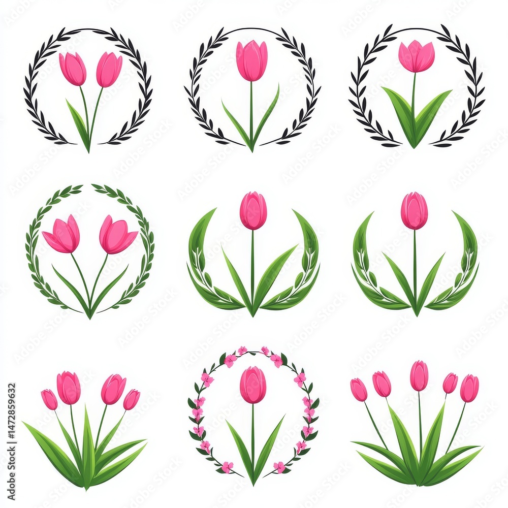 Poster a range of floral and botanical features are set in circular and rectangular structures, using red a