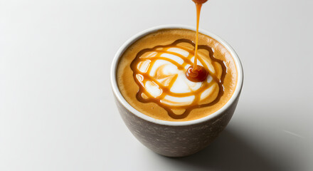 Artistic Latte Design With Drizzling Caramel Syrup In Modern Cup