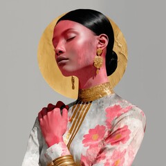 Woman with golden halo and ornate jewelry, pink floral kimono, praying hands, closed eyes in peaceful meditation against neutral background