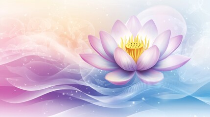 With a gradient backdrop of pinks and purples, a stylized lotus flower rests gracefully on waves that flow and shimmer in a kaleidoscope of colors