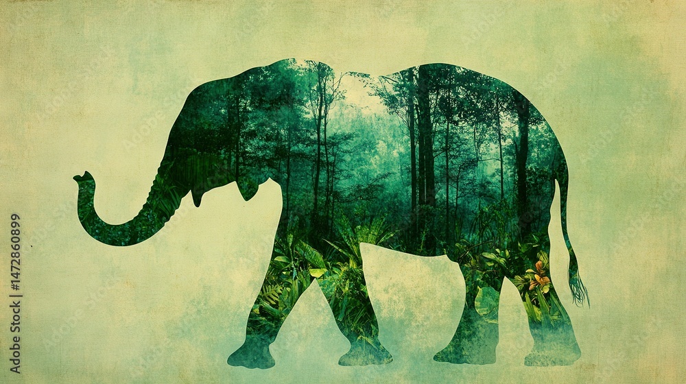 Aufkleber elephant painting with trees on its back and a forest in the trunk