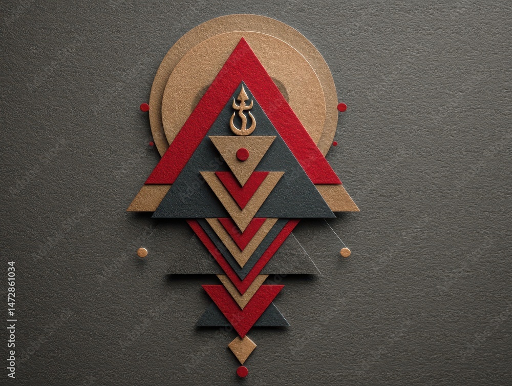 Poster geometric design with layered triangles and circles.