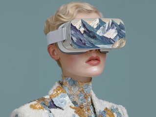 person wearing vr headset with painted mountains, elegant fashion with floral embroidery, abstract art concept, virtual reality, modern technology, innovation, digital escape